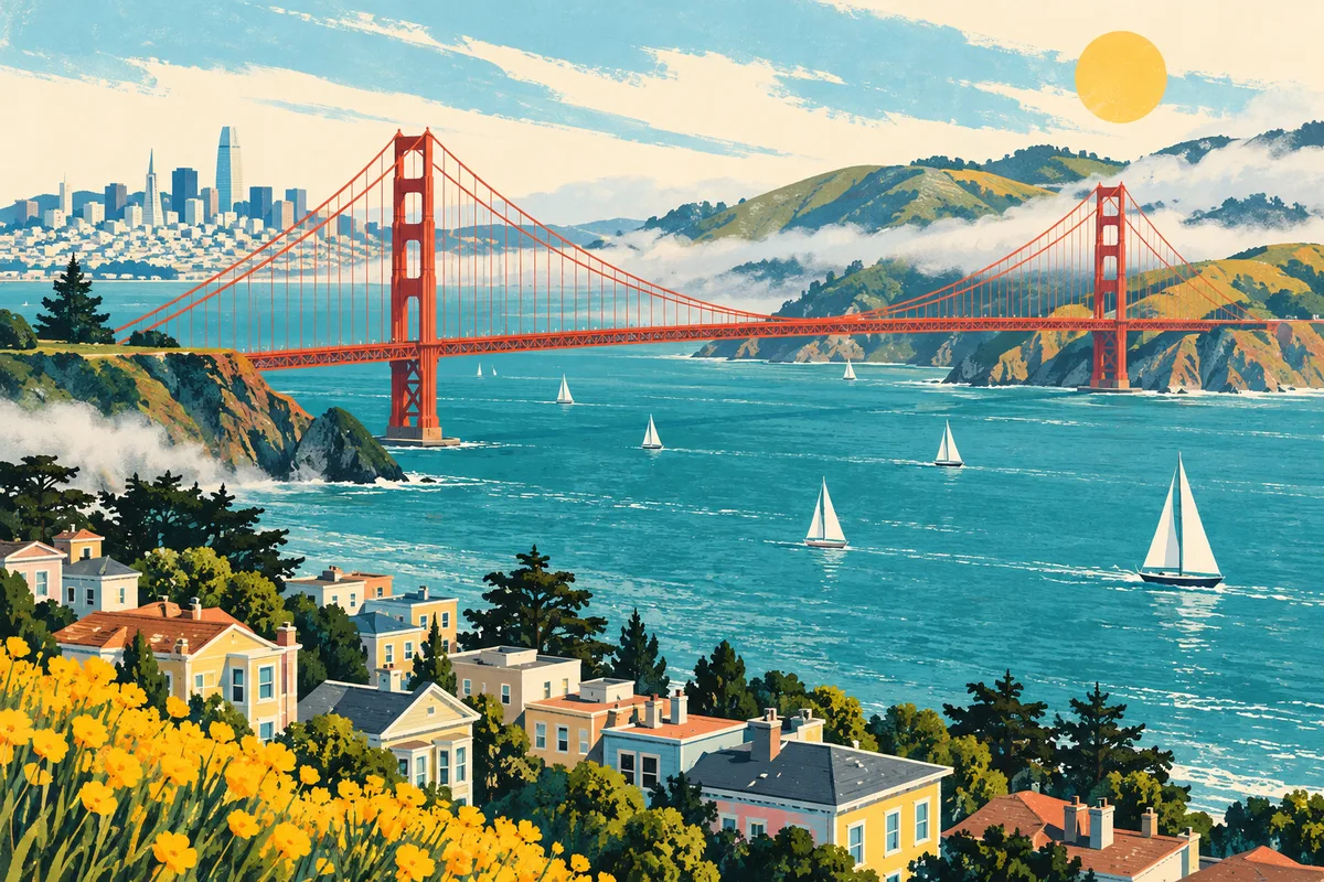 Original illustration of the Golden Gate Bridge, teal bay and sunny coastal hills