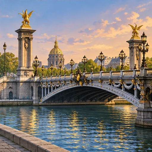 An ornate low arch spans a river, with tall end columns crowned by golden sculptures. A golden dome rises behind the bridge.