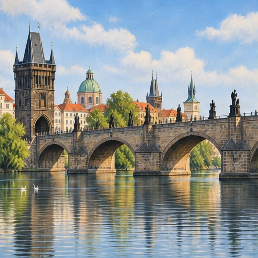 A long sandstone bridge has repeated low arches, statues along its edges and a Gothic gateway tower.