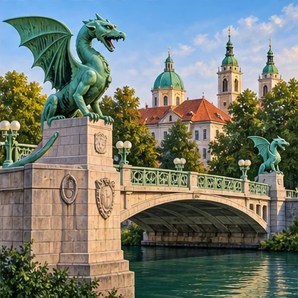 Green dragon statues stand at the corners of a low arched bridge.