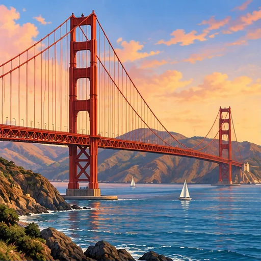 Orange-red towers and sweeping suspension cables stretch across a blue strait.