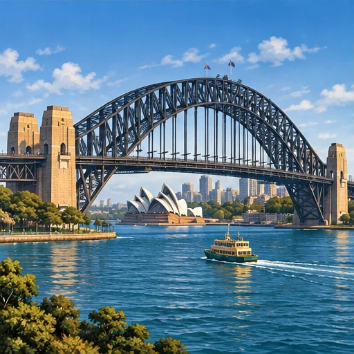 A huge dark steel arch rises above the road deck, with heavy stone pylons at its ends. White shell-shaped opera-house roofs are visible by the water.