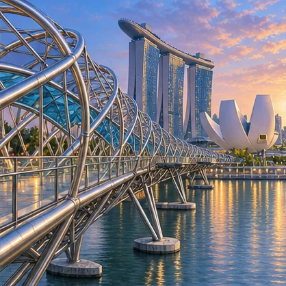 Two twisting steel spirals wrap around a pedestrian walkway like a strand of DNA. Three high-rise towers support a boat-shaped rooftop in the background.