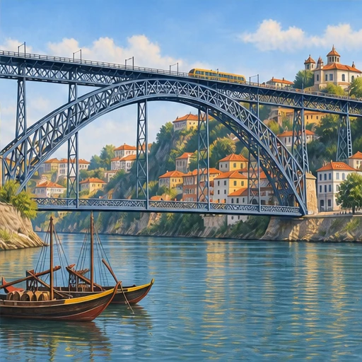 A great iron arch supports two bridge decks at different heights above a deep river valley. A yellow train runs on the top deck above terracotta-roofed houses.