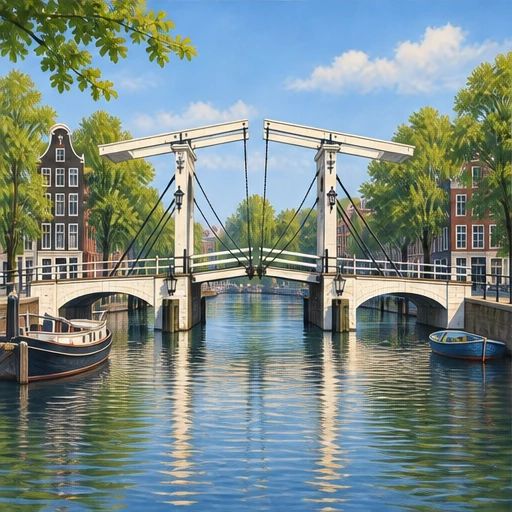 A small white wooden drawbridge has paired lifting frames above its flat deck. Narrow gabled canal houses sit by the water.