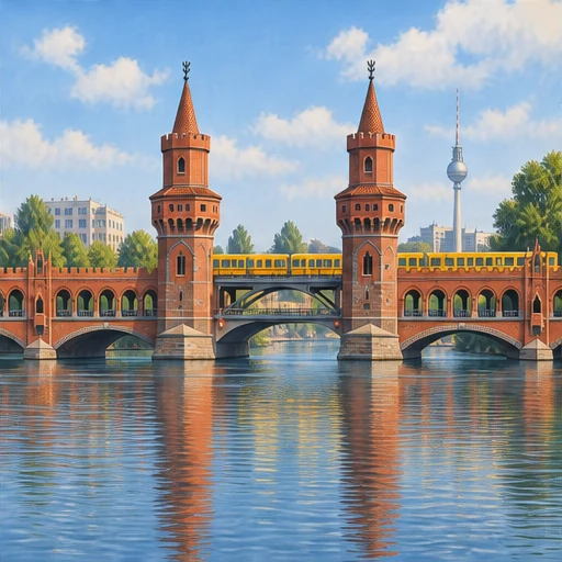 A red-brick bridge has two levels and a pair of tall, pointed towers. A yellow train crosses the upper level, with a slender television tower beyond.