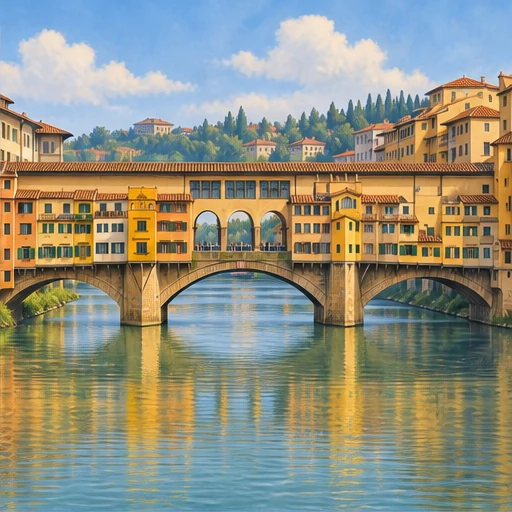 Ochre buildings and tiny shops sit directly on a bridge supported by three broad stone arches.