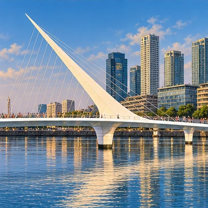 A single white mast leans diagonally above a low footbridge, holding a fan of thin cables.