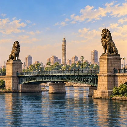 Bronze lion statues guard the approach to a long, low bridge over a broad river. Palms and a tall lattice-patterned tower appear in the distance.