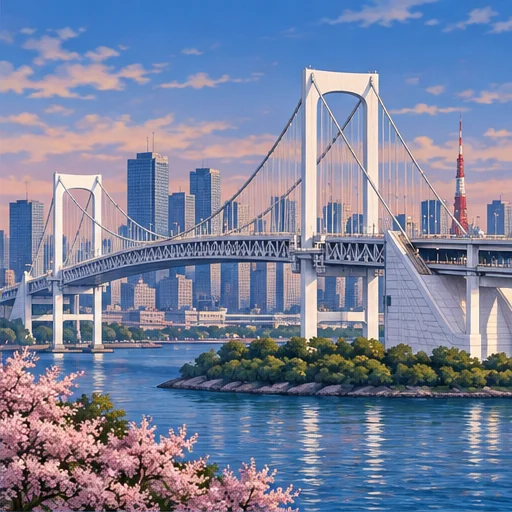 White suspension towers and curved cables rise above a broad bay. A red-and-white lattice tower appears in the skyline.