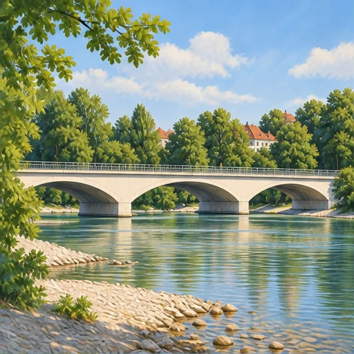 A low, broad bridge with several pale arches crosses a river bordered by gravel and leafy trees.