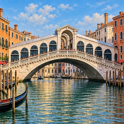 A white stone bridge has one high arch and sloping rows of covered shops.