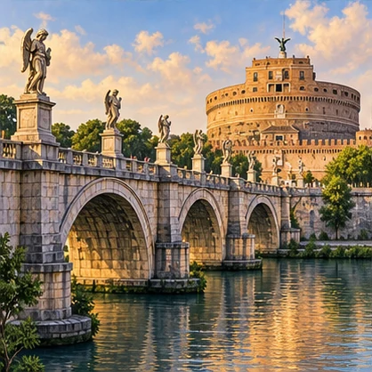 Angel statues line a pale stone bridge with several arches; a round fortress stands nearby.