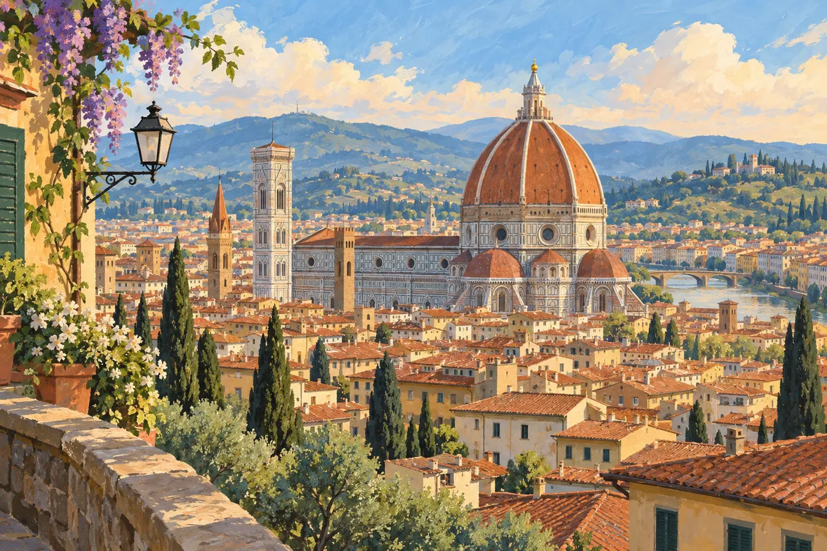 AI illustration: Florence's cathedral dome and terracotta rooftops in an Italian cityscape.