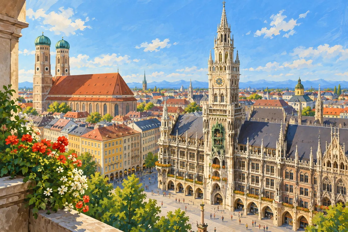 Ilustración generada por IA: El Nuevo Ayuntamiento de Múnich y las torres de la Frauenkirche