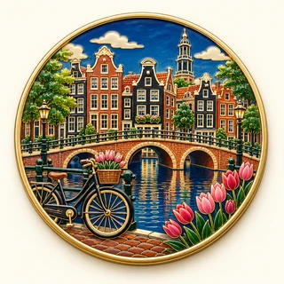 Clue: narrow canal houses, an arched canal bridge, a bicycle and tulips.