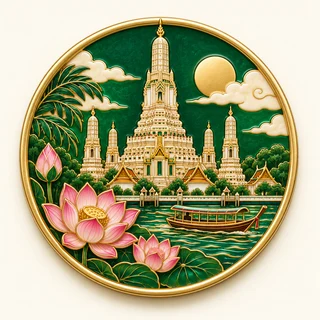 Clue: Wat Arun's ornate central prang, a small river boat and tropical lotus flowers.