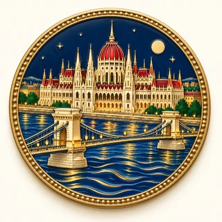 Clue: the Hungarian Parliament Building, Chain Bridge and flowing Danube waves.