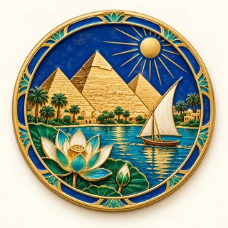 Clue: the Giza pyramids, a Nile felucca sailboat and a lotus blossom.