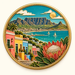 Clue: Table Mountain's flat silhouette, colorful Bo-Kaap houses and a protea flower.