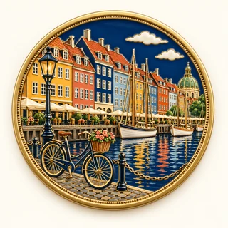 Clue: colorful Nyhavn waterfront houses, a bicycle and small sailboats.