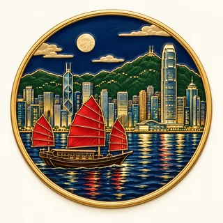 Clue: the Victoria Harbour skyline, a traditional red-sailed junk boat and green mountain silhouette.