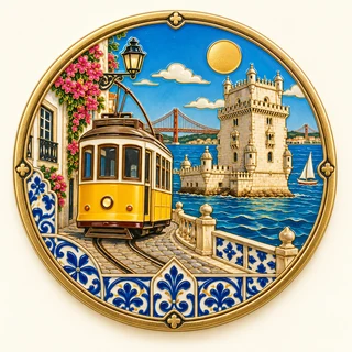 Clue: a yellow the city tram, Belém Tower, blue azulejo tile motifs and Tagus river waves.