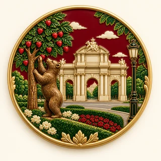 Clue: the Puerta de Alcalá, a small bear reaching into a strawberry tree and leafy park details.