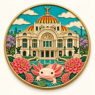 Clue: the Palacio de Bellas Artes with orange domes, an axolotl motif and dahlias.