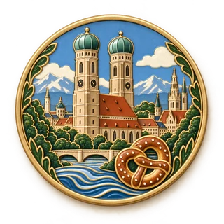 Clue: the Frauenkirche towers, a pretzel and flowing river waves.