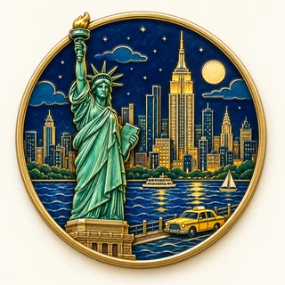 Clue: the Statue of Liberty, Empire State Building, a yellow taxi and harbor waves.