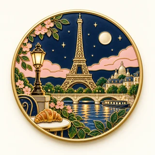 Clue: the Eiffel Tower, the Seine and a croissant beneath a moonlit sky.