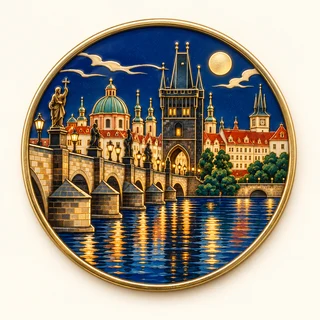 Clue: Charles Bridge, old town towers and the Vltava river.