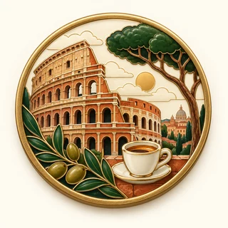 Clue: the Colosseum, an umbrella pine, espresso and olive leaves.