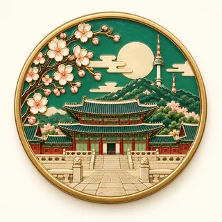 Clue: Gyeongbokgung palace rooftops, N the city Tower and a delicate flowering branch.