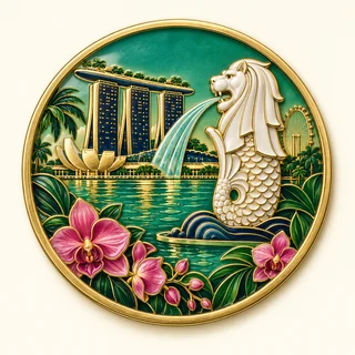Clue: the Merlion, Marina Bay Sands silhouette and lush tropical orchid flowers.