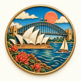 Clue: the city Opera House, Harbour Bridge, a small sailboat and harbor waves.
