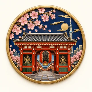 Clue: a red temple gate, the city Skytree and cherry blossoms.