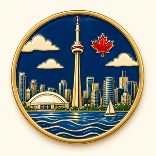 Clue: the CN Tower, the city skyline, a small red maple leaf and Lake Ontario waves.