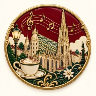Clue: St Stephen's Cathedral with its patterned roof, a coffee cup and musical notes.