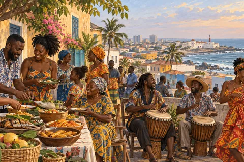Present-day Ga community gathering in Accra, neighbors sharing food and music, colorful clothing and coastal streets. Imagined community scene.