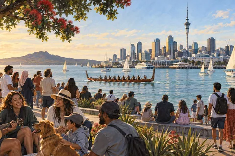 Present-day Auckland community gathering on the waterfront, waka and sailing boats in the harbor, diverse neighbors.