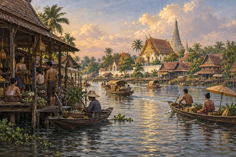 Imagined early Bangkok riverside community around 1782, timber homes, boats and early Thai temple architecture.