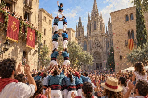 Artistic interpretation of castellers at Barcelona’s La Mercè celebration.