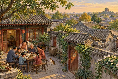 Imagined historic Beijing courtyard community, traditional hutong roofs, families sharing a meal.