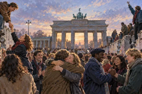Berlin in November 1989, peaceful diverse crowds celebrating the opening of the Wall, people greeting one another.