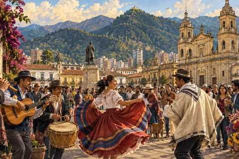 Present-day Bogotá city birthday gathering in a historic square, musicians and neighbors, Andean mountain backdrop.