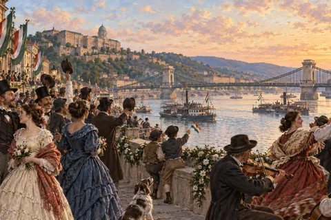 Symbolic Budapest unification celebration in 1873, neighbors on the Danube waterfront and Chain Bridge in distance.