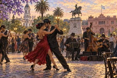 Present-day Buenos Aires neighborhood tango gathering in a historic square, dancers and live musicians, imagined cultural celebration.