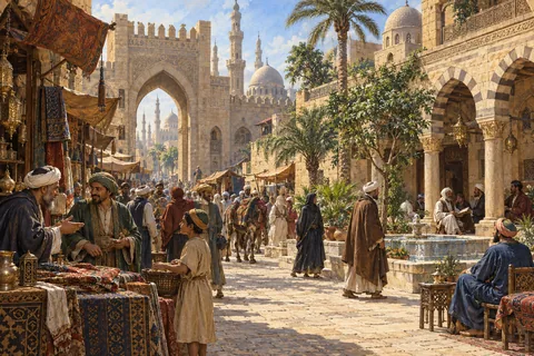 Imagined medieval Fatimid Cairo street gathering, stone gateways and courtyard architecture, market neighbors.